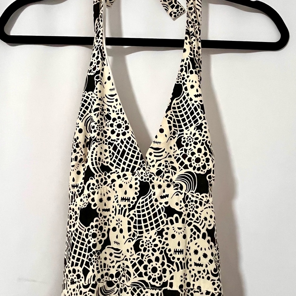 RARE Rock Steady Stretchy Skull Halter Dress Sexy Pin-Up Goth Rockabilly L